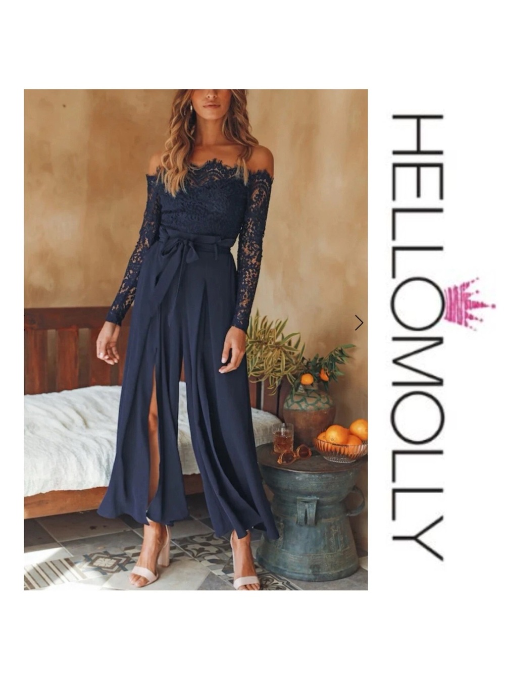Hello Molly Navy Lace Off-Shoulder Wide-Leg Jumpsuit